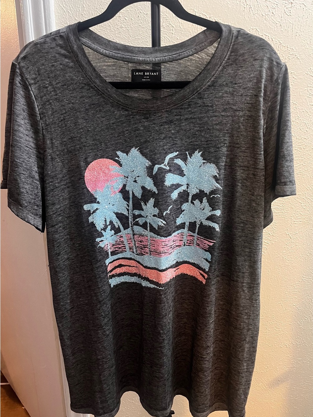 Lane Bryant Charcoal Tee with Pink & Light Blue Palm Graphic